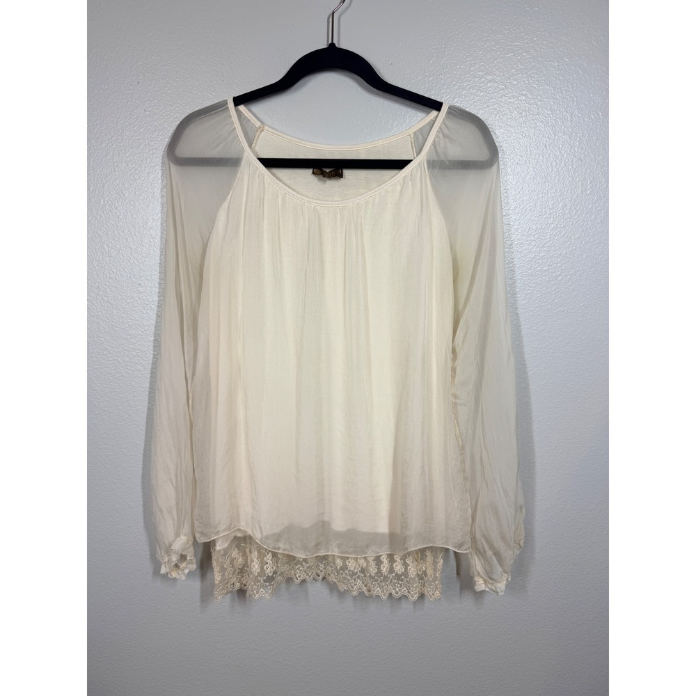 Amanti Blouse Womens Small‎ Cream Silk Layered Lace Hem Sheer Sleeve Italy